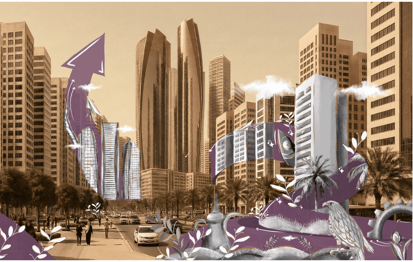 Abu Dhabi cityscape collage with purple festival graphics